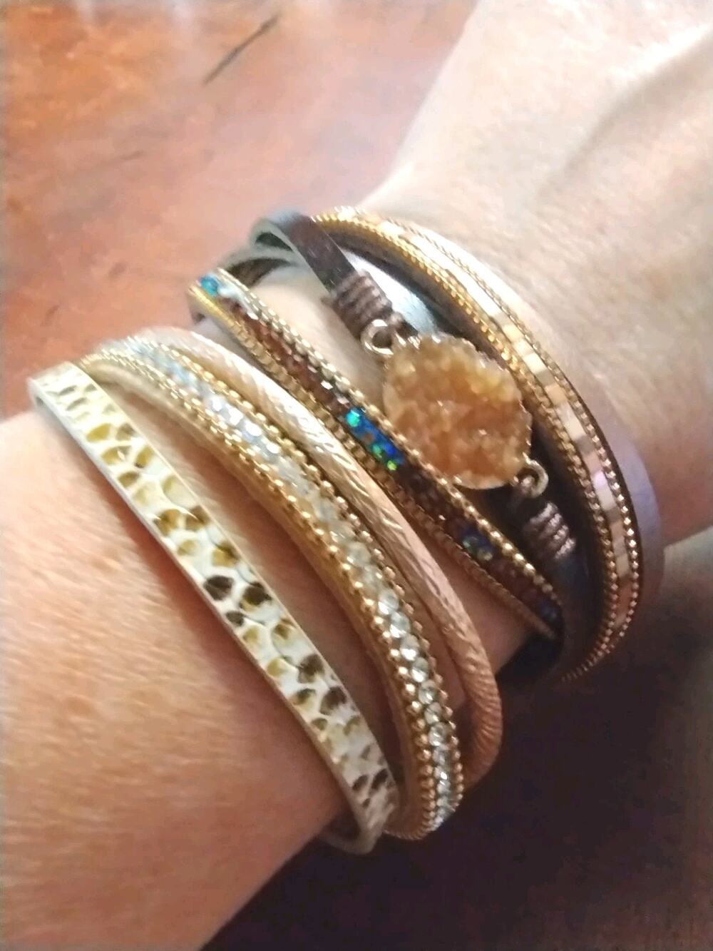 Two Multi Layer Wrap Beaded Snakeprint Faux Leather Druzy Crystal Bracelets